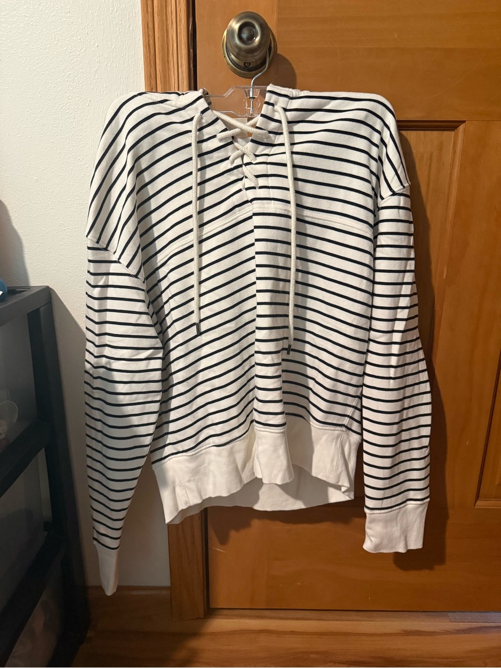 Striped Lace-Up Hoodie - White with Black Stripes